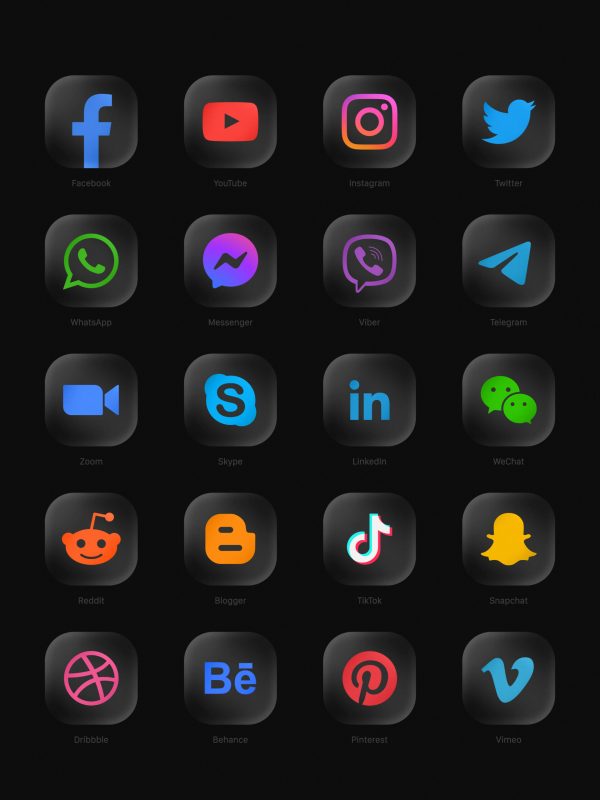 Collection Of Popular Social Media Network Modern 3D Rounded Black Glass Web Icons
